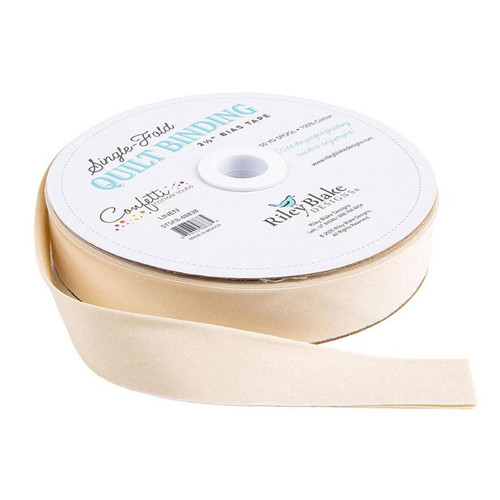 Riley Blake Fabrics Single Fold Quilt Binding Linen Cream Confetti White, close-up of the cream-colored quilt binding roll with a label.