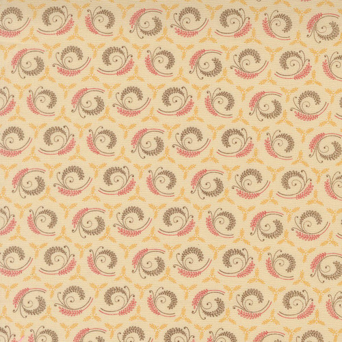 Moda Fabrics Wild Orchid Vanilla Bean Cream Fern Fronds, fabric with a delicate pattern of fern fronds in coral pink and brown on a cream background.
