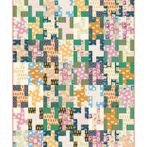 Mods Fabrics Ruby Star Society Egg and Friends Gridlocked Quilt Kit, colorful patchwork quilt fabric with various patterns including eggs, cupcakes, and gingham in pastel pink, blue, yellow, green, navy, and orange colors.