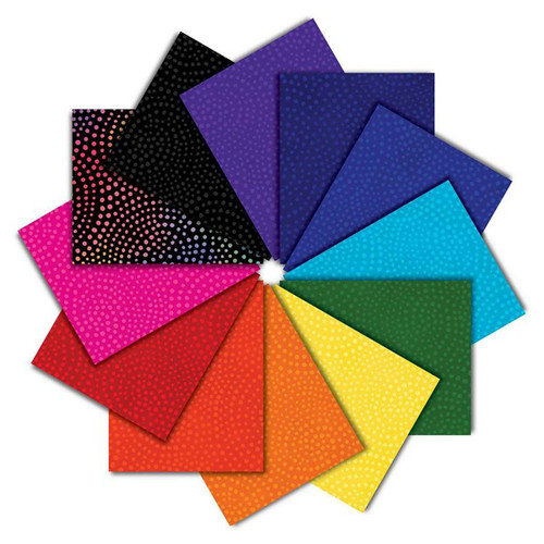 Timeless Treasures Fabrics Twirls Texture 12 Rainbow Fat Quarters, colorful fabric collection with dotted patterns in various shades including purple, black, pink, red, orange, yellow, green, and blue.