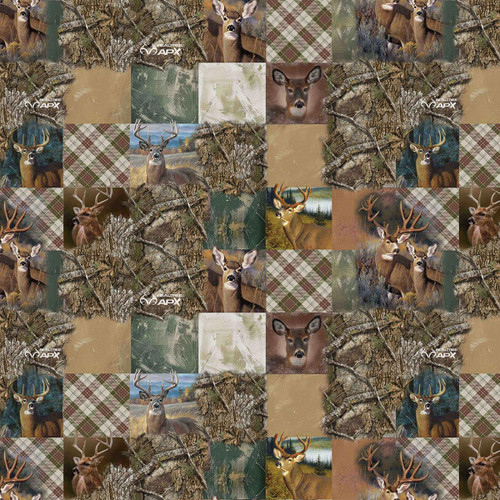 Sykel Enterprises Fabrics Realtree Apex Camo Patchwork Camouflage, a detailed camouflage fabric featuring deer images, tree bark textures, plaid patterns, and woodland scenery.