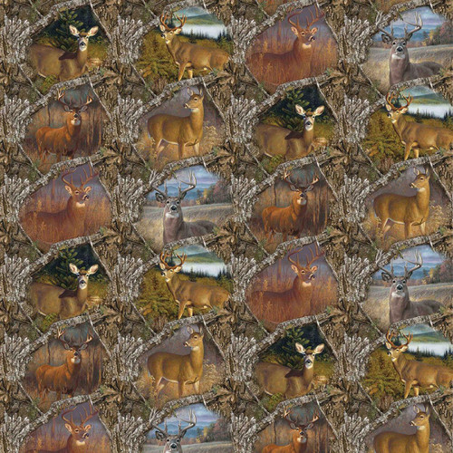 Sykel Enterprises Fabrics Realtree Apex Camo Deer in the Woods Scenic, pattern featuring realistic images of deer in natural woodland landscapes with tree bark camouflage design.