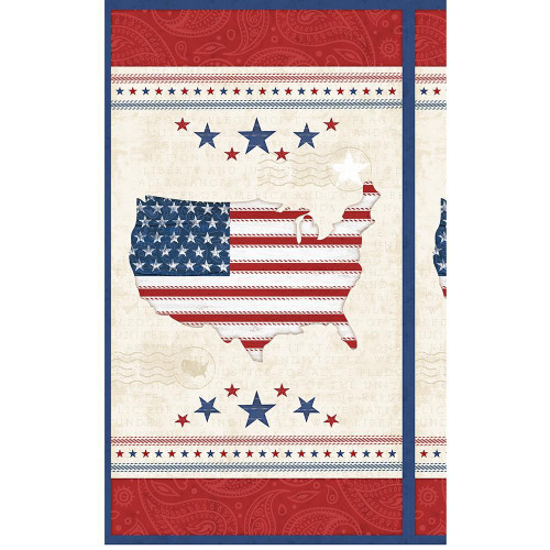 Wilmington Prints Fabrics Founding Glory Jennifer Pugh Large Panel Multi, patriotic fabric panel featuring an American flag map with stars and stripes design in red, white, and blue colors.