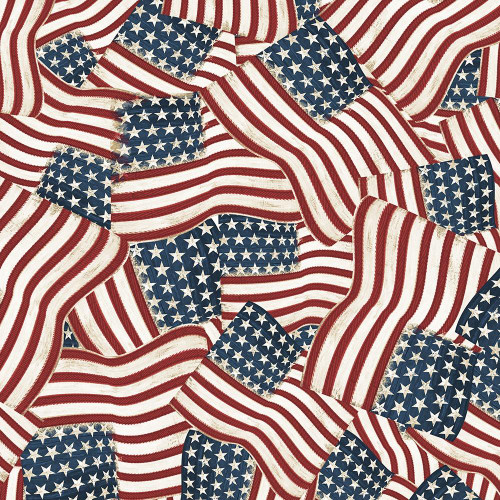 Wilmington Prints Fabrics Founding Glory Jennifer Pugh Packed Flags Multi, fabric featuring overlapping American flag patterns in red, white, and blue with stars and stripes.