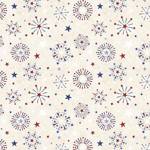 Wilmington Prints Fabrics Founding Glory Jennifer Pugh Fireworks All Over Cream, fabric pattern featuring red, white, and blue fireworks and stars on a cream background.