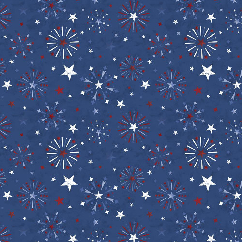 Wilmington Prints Fabrics Founding Glory Jennifer Pugh Fireworks All Over Navy, textured fabric pattern with red, white, and blue fireworks and stars on a navy background.