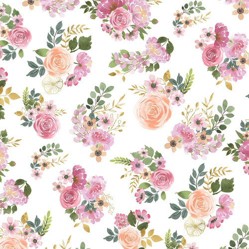 Wilmington Prints Fabrics Peony Blossoms By The Lakeside Art Studio Bouquet Toss White, a floral fabric pattern featuring pink and peach peonies, pink and peach small flowers, and green and gold foliage on a white background.