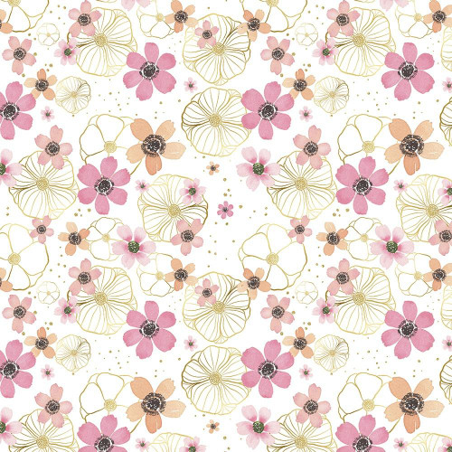 Wilmington Prints Fabrics Peony Blossoms By The Lakeside Art Studio Flowers & Gold White, a floral fabric pattern featuring pink, peach, and gold line-drawn peony flowers on a white background.