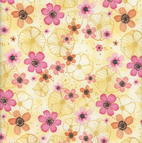 Wilmington Prints Fabrics Peony Blossoms By The Lakeside Art Studio Flowers & Gold Yellow