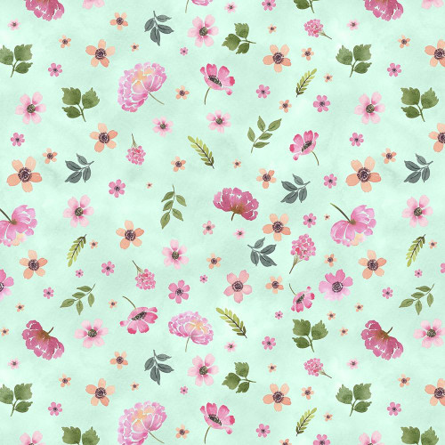 Wilmington Prints Fabrics Peony Blossoms By The Lakeside Art Studio Tossed Flowers Teal, a floral fabric with pink and peach flowers, green leaves, and a soft teal background.