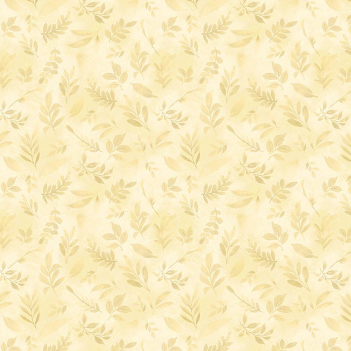Wilmington Prints Fabrics Peony Blossoms By The Lakeside Art Studio Tossed Leaves Yellow, a soft yellow fabric with a subtle pattern of delicate leaves in a slightly darker shade of yellow.