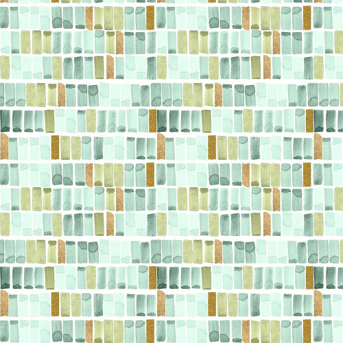 Wilmington Prints Fabrics Peony Blossoms By The Lakeside Art Studio Swatches White Teal, fabric swatches with a watercolor mosaic pattern in shades of white, teal, light green, and gold.