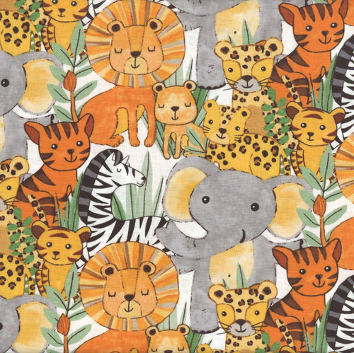 Wilmington Prints Fabrics Safari Snuggles Jenny Faw Designs Packed Critters White, colorful fabric featuring cute cartoon lions, elephants, zebras, cheetahs, and other jungle animals in a playful design.