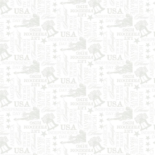 Wilmington Prints Fabrics Strength & Honor Words All Over White on White, patriotic fabric pattern with text and symbols celebrating America and independence.