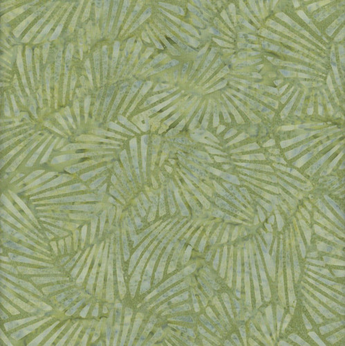 Wilmington Prints Fabrics Forest Trails Wilmington Batiks Fans Olive Green, fabric with a pattern of overlapping fan-shaped palm leaves in various shades of green.