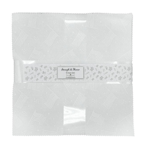 Wilmington Prints Fabrics Strength & Honor Layer Cake Ten Inch Squares, white fabric with patriotic flag and star pattern.