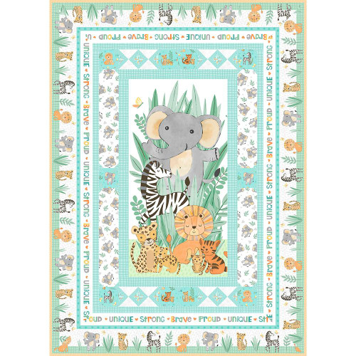 Wilmington Prints Fabrics Safari Snuggles Jenny Faw Designs Panel Throw Size Quilt Kit, colorful jungle animals printed quilt panel with elephants, lions, zebras, and more surrounded by decorative borders.