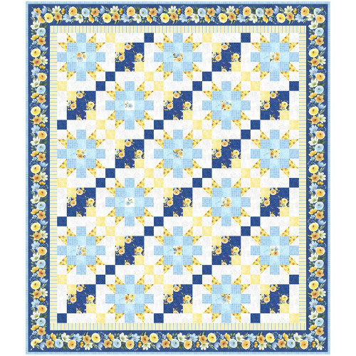 Wilmington Prints Fabrics Gentle Meadow Lola Molina Throw Size Quilt Kit, quilt featuring a floral and geometric pattern in blue, yellow, and white colors with a decorative floral border.