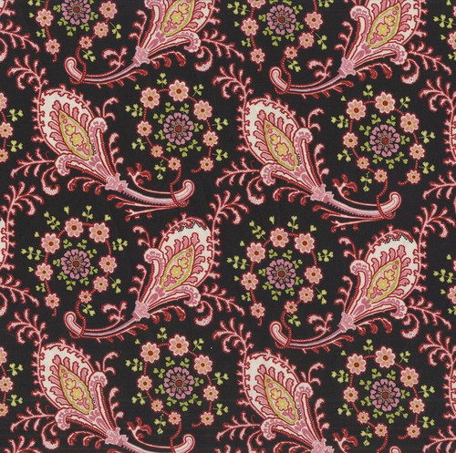 Henry Glass Fabrics Candlelight and Romance 118 Inch Quilt Back Kim Diehl Black Pink Floral Paisley, fabric with a black background and pink, yellow, and green floral paisley pattern.