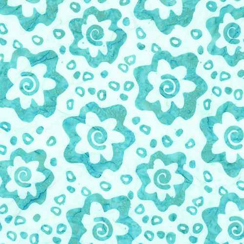 Riley Blake Fabrics Bold in Bloom Batiks Fran Morgan Aqua Blue Big Blooms, vibrant floral batik pattern in shades of aqua and blue with watercolor effect.