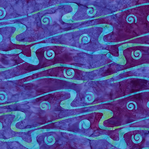 Riley Blake Fabrics Bold in Bloom Batiks Fran Morgan Purple Turquoise Blue Waves Swirls, colorful batik fabric pattern with swirling and flowing wave design in purple, turquoise, and blue tones.