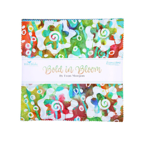 Riley Blake Fabrics Bold in Bloom Batiks Fran Morgan Charm Squares Five Inch, colorful fabric bundle with vibrant floral and abstract patterns.