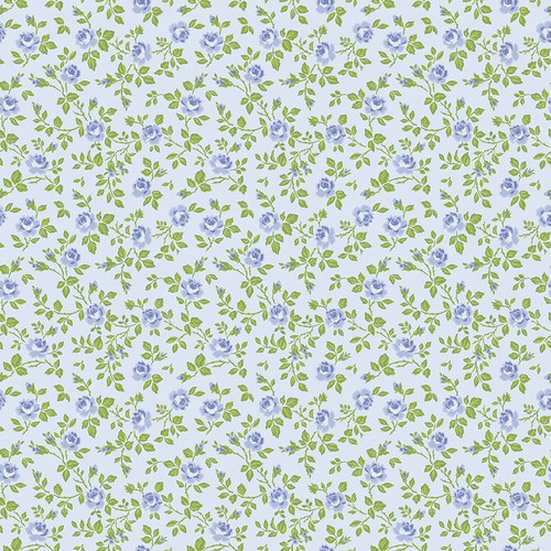 Riley Blake Fabrics Hydrangeas in the Garden Jennifer Bosworth Powder Blue Roses Foliage, fabric with a floral pattern of blue roses and green leaves on a light background.