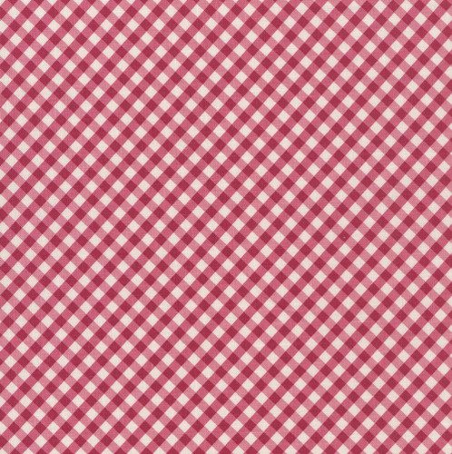 Riley Blake Fabrics Hydrangeas in the Garden Jennifer Bosworth Raspberry Pink Gingham Check, pink and white gingham fabric pattern with a regular checkered design.