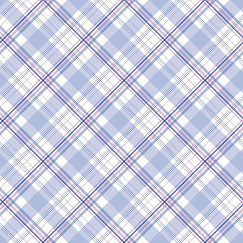 Riley Blake Fabrics Hydrangeas in the Garden Jennifer Bosworth Blue Garden Plaid Diagonal, light blue and white plaid fabric with purple and darker blue accent lines in a diagonal pattern.