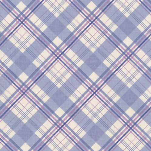 Riley Blake Fabrics Hydrangeas in the Garden Jennifer Bosworth Blue Garden Plaid Diagonal, fabric with a classic plaid pattern in shades of blue, purple, and white in a diagonal layout.