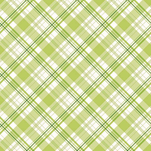 Riley Blake Fabrics Hydrangeas in the Garden Jennifer Bosworth Green Garden Plaid Diagonal, fabric pattern featuring a green plaid design with diagonal lines and floral elements.