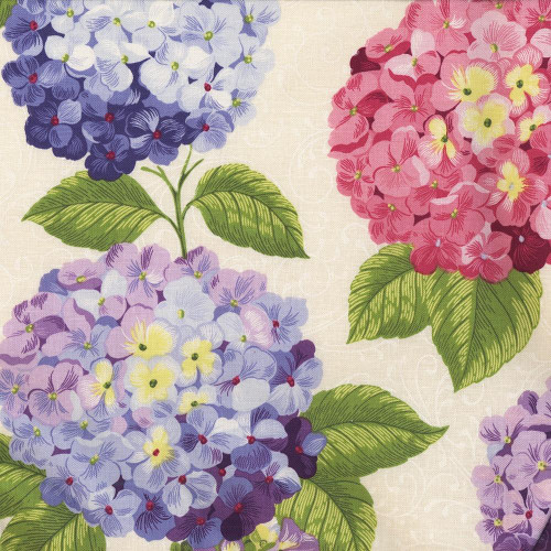 Riley Blake Fabrics Hydrangeas in the Garden Jennifer Bosworth Blue Pink Purple Pearl Hydrangeas, fabric featuring vibrant blue, pink, purple, and pearl-colored hydrangea flowers with green leaves on a light background.