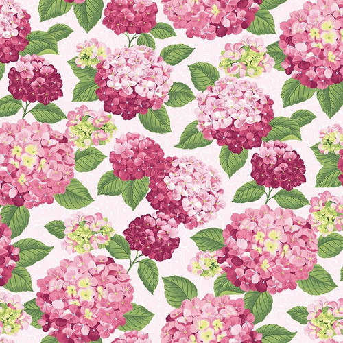 Riley Blake Fabrics Hydrangeas in the Garden Jennifer Bosworth Pink Pearl Hydrangea Blooms, vibrant floral fabric pattern featuring pink, green, and cream hydrangea flowers with lush green leaves on a light pink background.