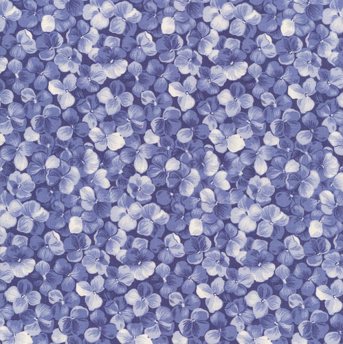 Riley Blake Fabrics Hydrangeas in the Garden Jennifer Bosworth Blue Pearl Packed Hydrangea Blooms fabric, detailed image showing a dense pattern of blue and white hydrangea flowers in full bloom.