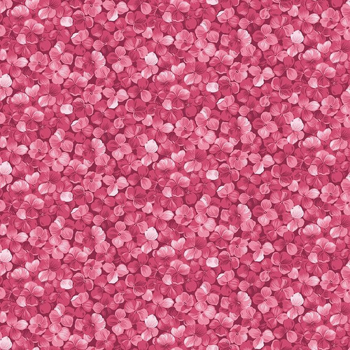 Riley Blake Fabrics Hydrangeas in the Garden Jennifer Bosworth Pink Pearl Packed Hydrangea Blooms, vibrant pink floral fabric featuring densely packed hydrangea blooms with detailed shading and varied petal shapes.