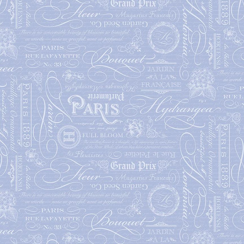 Riley Blake Fabrics Hydrangeas in the Garden Jennifer Bosworth Blue Pearl French Writing, fabric with a light blue background featuring elegant white script and floral patterns in a vintage French-inspired design.