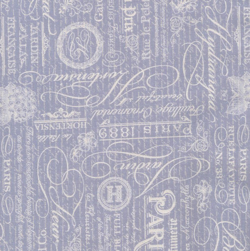Riley Blake Fabrics Hydrangeas in the Garden Jennifer Bosworth Blue Pearl French Writing, fabric with vintage French script and floral design in white on blue background.