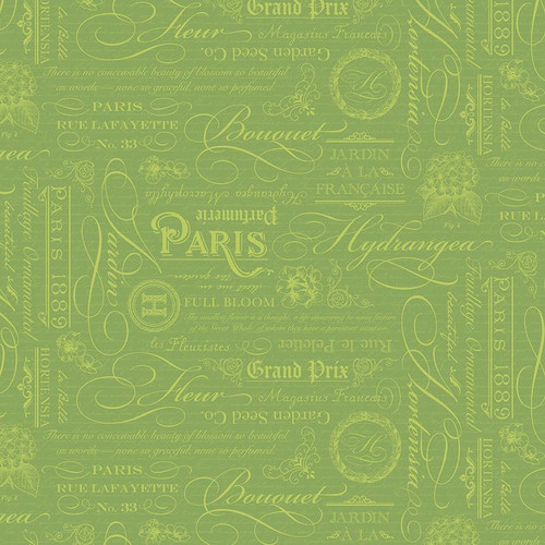 Riley Blake Fabrics Hydrangeas in the Garden Jennifer Bosworth Green Pearl French Writing, fabric with vintage floral and script patterns in green shades.