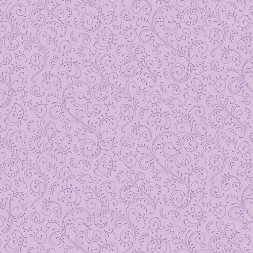 Riley Blake Fabrics Hydrangeas in the Garden Jennifer Bosworth Lavender Purple Pearl Garden Scroll, a fabric with intricate lavender purple floral scrollwork pattern on a light purple background.