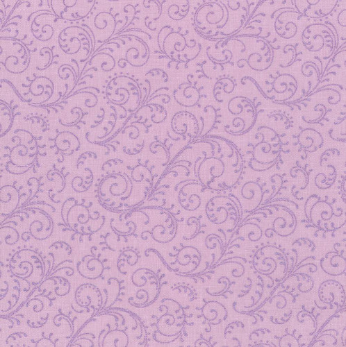 Riley Blake Fabrics Hydrangeas in the Garden Jennifer Bosworth Lavender Purple Pearl Garden Scroll, close-up of the fabric showcasing a lavender purple background with intricate purple scrollwork and floral patterns.