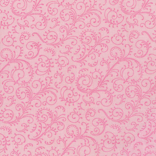 Riley Blake Fabrics Hydrangeas in the Garden Jennifer Bosworth Pink Pearl Garden Scroll, pink fabric with a swirling floral pattern.