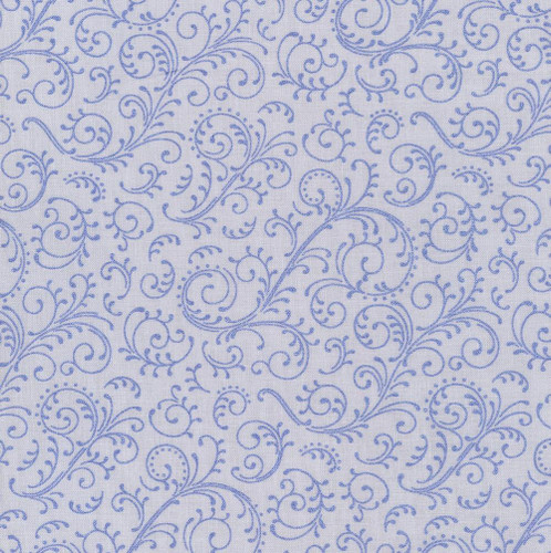 Riley Blake Fabrics Hydrangeas in the Garden Jennifer Bosworth Powder Blue Pearl Garden Scroll, floral fabric with intricate blue scroll patterns on a white background.