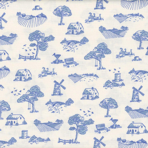 Riley Blake Fabrics Virginia Rose Katherine Lenius Blue White Country Toile, fabric with printed rural countryside scenes including houses, trees, ducks, windmills, and fences in blue on a white background.