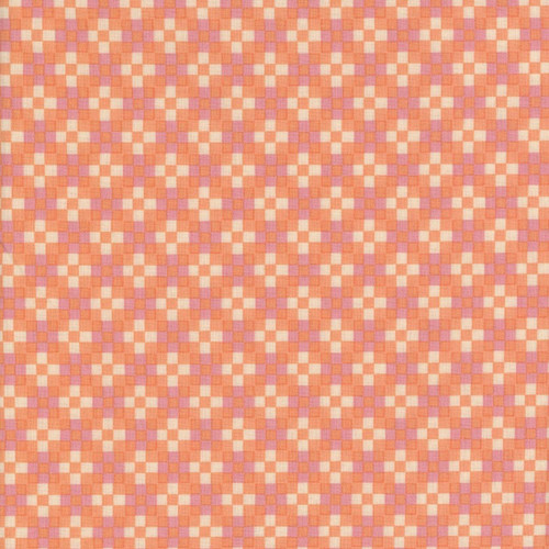 Riley Blake Fabrics Virginia Rose Katherine Lenius Orange Patchwork Checkerboard, a colorful woven fabric featuring a vibrant orange, pink, and beige patchwork checkerboard pattern.
