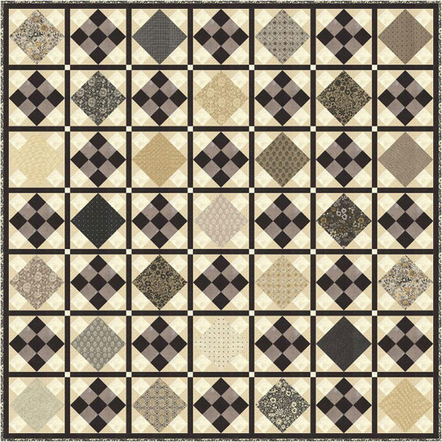 Moda Fabrics Posh BasicGrey Marble Waltz Quilt Kit, quilt featuring a patchwork design with various black, grey, beige, and cream patterned fabrics in a grid layout.