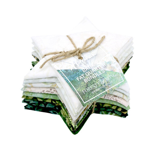 Hoffman Fabrics Bali Batik Hand Dyed Batik 16 Fat Quarters Cream Green Brown, bundled collection of fabric pieces with tropical and nature-inspired patterns in cream, green, and brown colors.