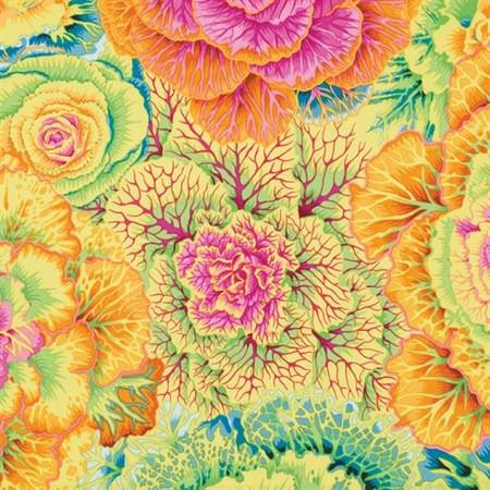 Philip Jacobs Yellow Brascia Kaffe Fassett Collective, colorful floral patterned fabric with vibrant yellow, pink, green, orange, and blue hues, featuring intricate flower and leaf designs.