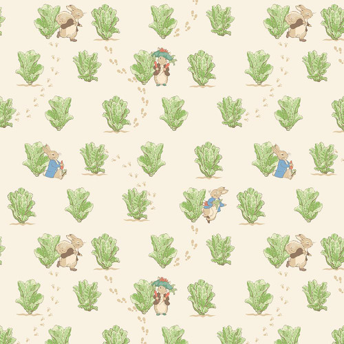 Riley Blake Fabrics Peter Rabbit and Benjamin Bunny Lettuce Patch Cream, fabric pattern featuring adorable rabbits and green lettuce patches on a cream background