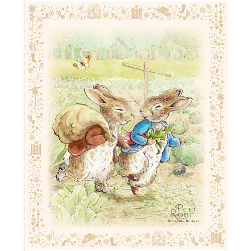 Riley Blake Fabrics Petter Rabbit and Benjamin Bunny Cream Green Scenic Panel 36