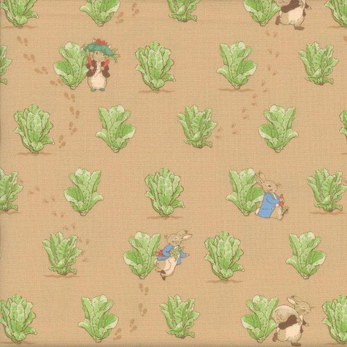 Riley Blake Fabrics Peter Rabbit and Benjamin Bunny Lettuce Patch Tan, fabric with illustrations of Peter Rabbit and Benjamin Bunny among green lettuce patch plants on tan background.
